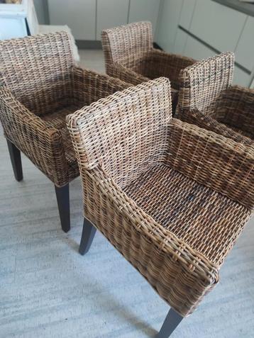 4 landelijke brocante rieten eetkamerstoelen + kussens beschikbaar voor biedingen