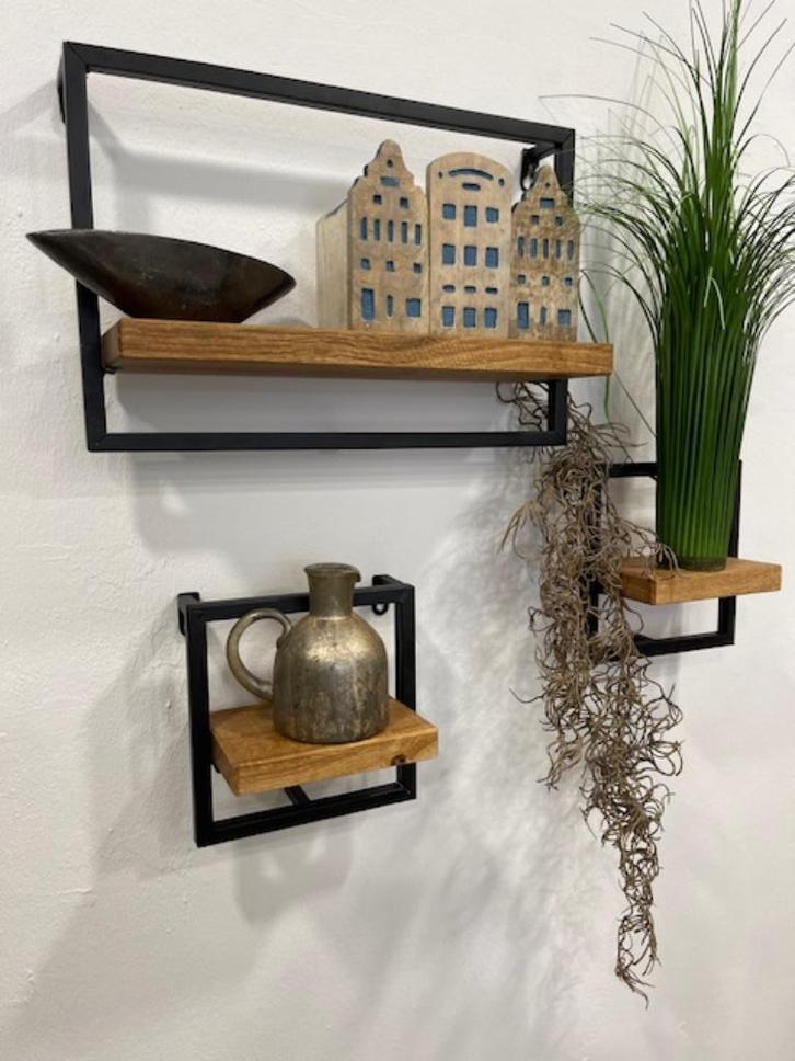 Industrieel wandrek metaal met Eikenhout set 3, Huis en Inrichting, Woonaccessoires | Wandplanken en Boekenplanken, Nieuw, Ophalen of Verzenden