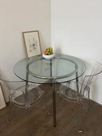 Vintage tafel glas + zilveren onderstel, Huis en Inrichting, Tafels | Eettafels, Glas, 100 tot 150 cm, Rond, Gebruikt