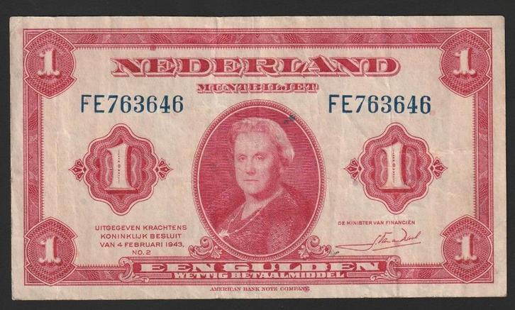 1 gld 1943 FE 763646 (wilhelmina) aardig mooi exemplaar, Postzegels en Munten, Bankbiljetten | Nederland, 1 gulden, Ophalen of Verzenden
