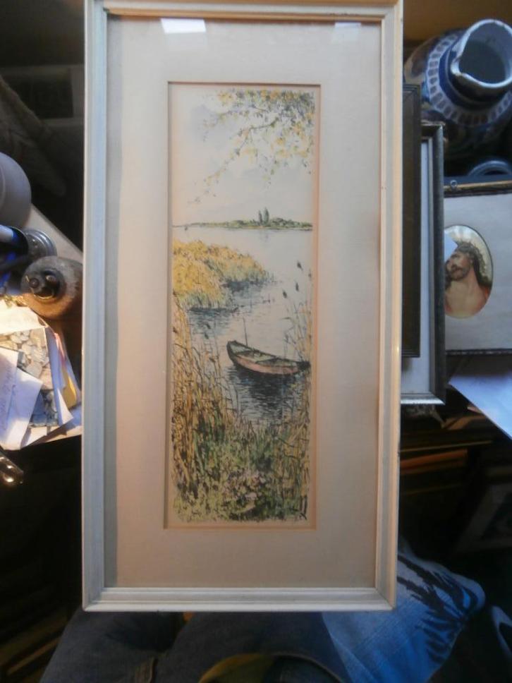 Mooie gekl ets Plassengebied met Roeiboot m sticker KOCH, Antiek en Kunst, Kunst | Etsen en Gravures, Ophalen of Verzenden