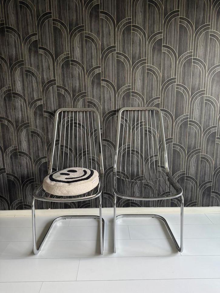 Draadstoelen Gastone Rinaldi style chrome jaren 70, Huis en Inrichting, Stoelen, Gebruikt, Twee, Metaal, Overige kleuren, Ophalen