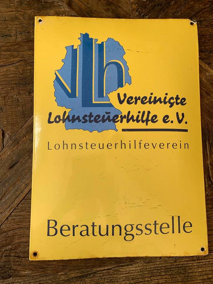 Vintage Emaille Reclamebord Lohsteuerhilfe, Antiek en Kunst, Antiek | Emaille, Ophalen of Verzenden