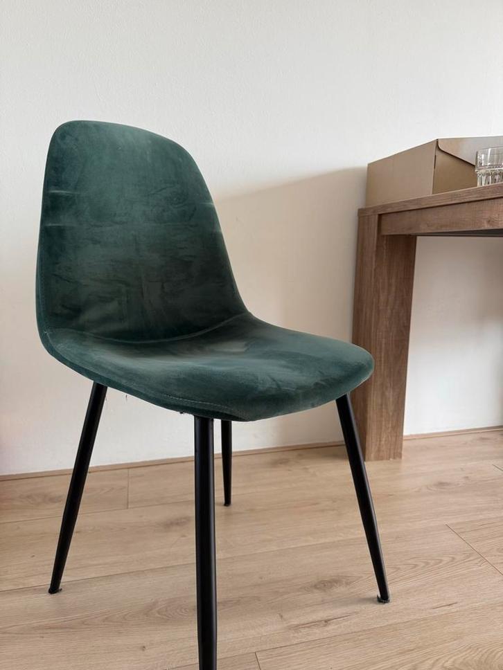 4 groene velvet eetkamerstoelen, Huis en Inrichting, Stoelen, Zo goed als nieuw, Vier, Metaal, Overige kleuren, Ophalen