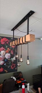 Stoere handgemaakte zwart staal met eiken hanglamp te koop!, Huis en Inrichting, Lampen | Hanglampen, Ophalen, 50 tot 75 cm, Stoer / landelijk