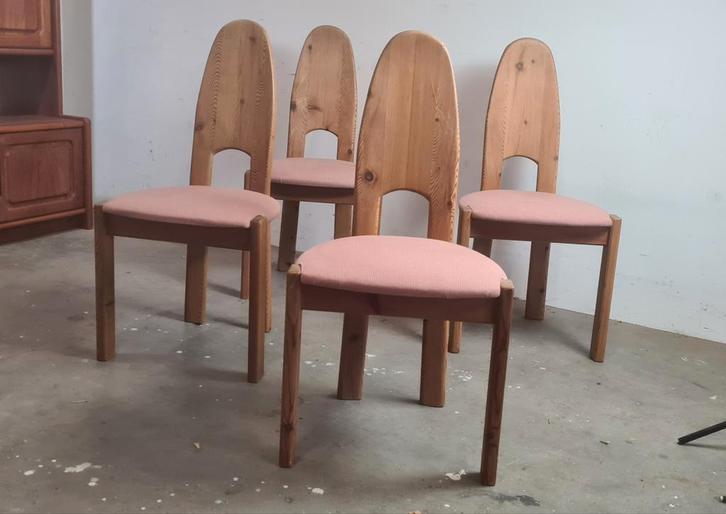 Set van 4 vintage jaren 80 eetkamerstoelen, Huis en Inrichting, Stoelen, Zo goed als nieuw, Vier, Hout, Stof, Overige kleuren