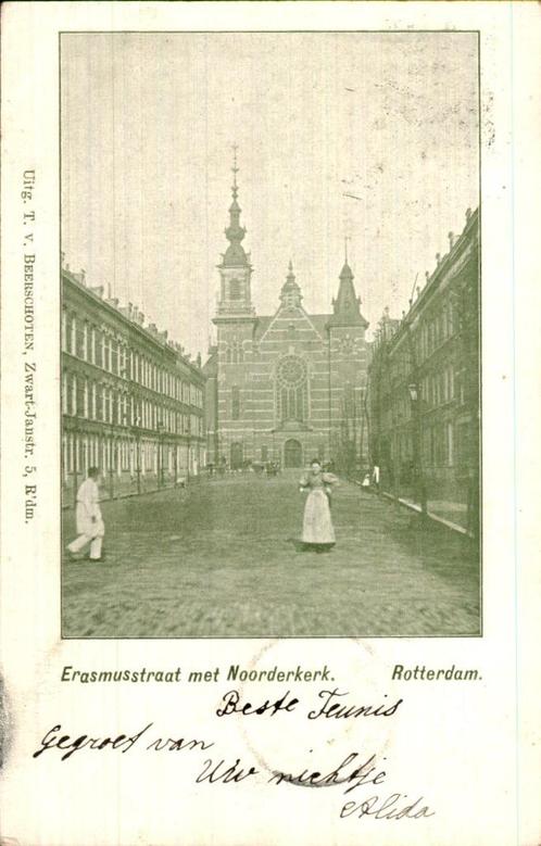 Erasmusstraat met Noorderkerk Rotterdam, Verzamelen, Ansichtkaarten | Nederland, Gelopen, Zuid-Holland, Voor 1920, Ophalen of Verzenden