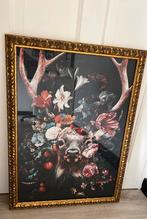 Schilderij hert bloemen met gouden lijst, Ophalen, 50 tot 75 cm, Zo goed als nieuw, Schilderij