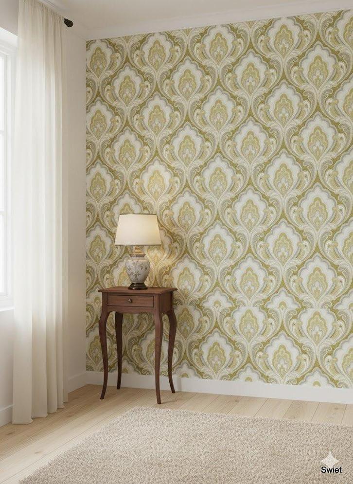 14302 klassiek barok behang olijfgroen goudaccent swiet, Huis en Inrichting, Stoffering | Behang, minder dan 10 m², Ophalen of Verzenden