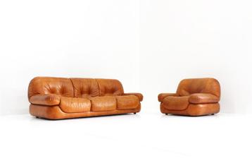 Vintage Sapporo Italiaanse cognac leren sofa en fauteuil 