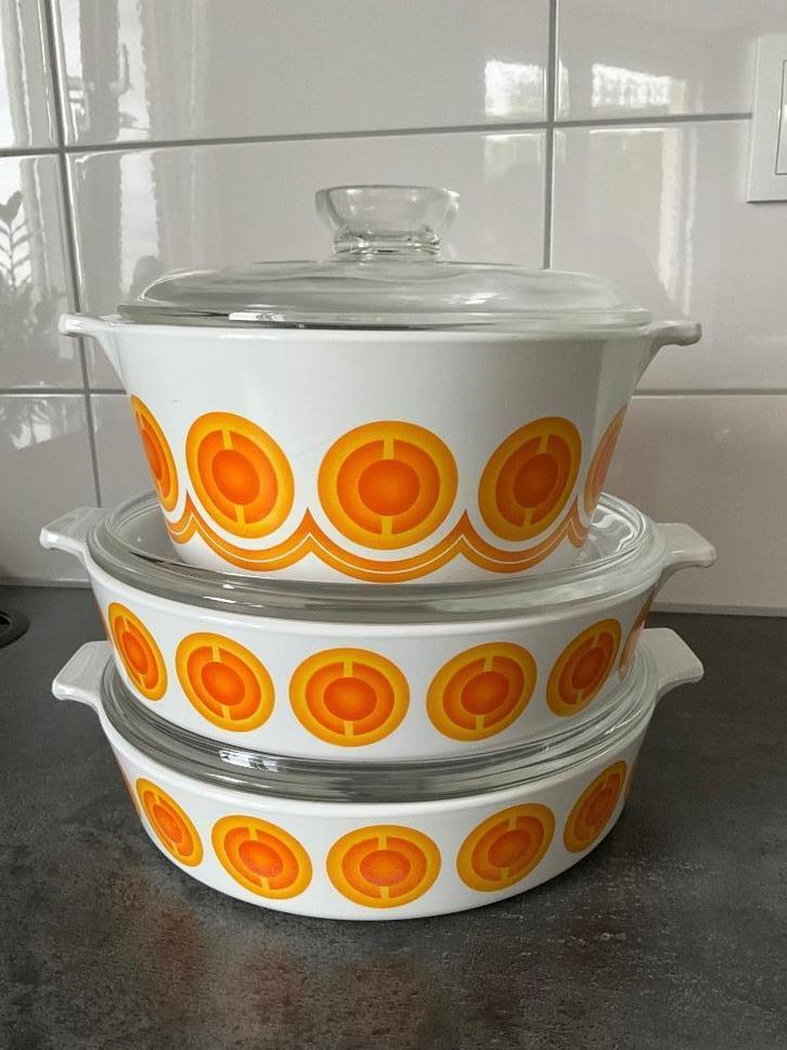 Pannenset pyroflame 3 delig set vintage '70 NIEUW, Huis en Inrichting, Keuken | Potten en Pannen, Nieuw, Pannenset, Overige materialen