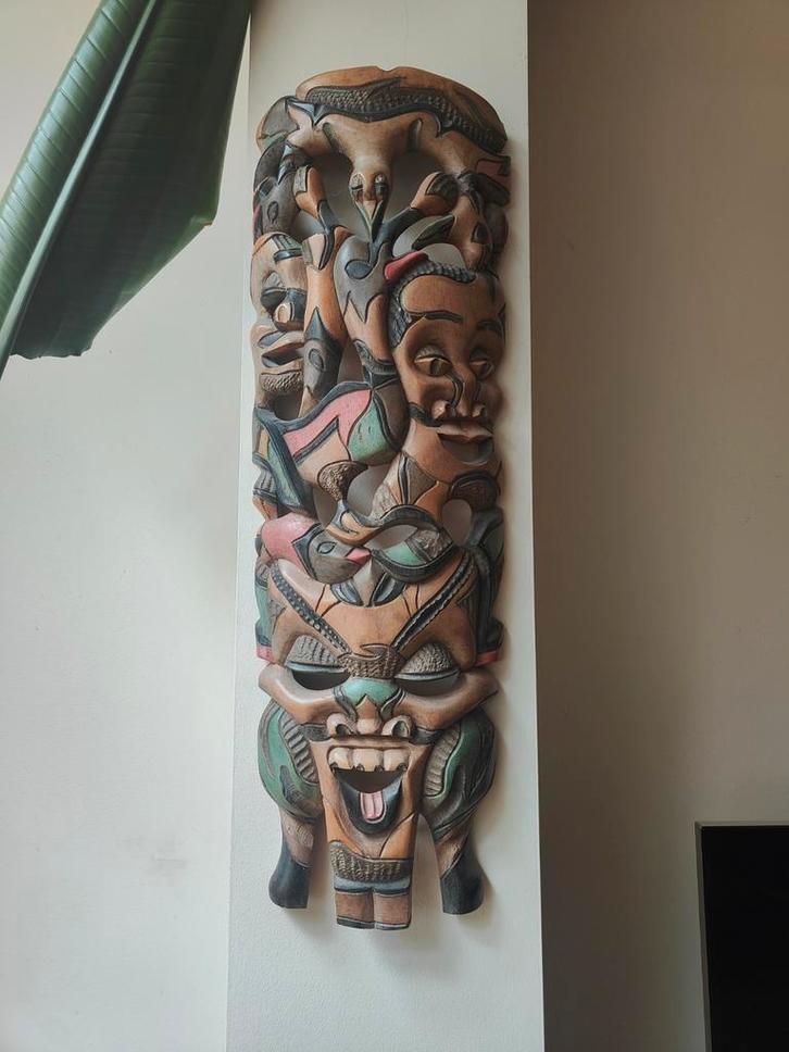 Houten Tiki Masker Wanddecoratie, Antiek en Kunst, Kunst | Beelden en Houtsnijwerken, Ophalen of Verzenden