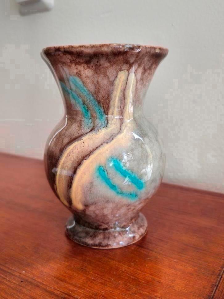 Vintage Strehla Germany Vaasje Vaas Bruin Blauw Geel, Antiek en Kunst, Antiek | Vazen, Ophalen of Verzenden