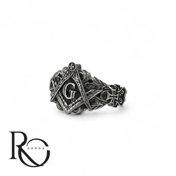 Vrijmetselaars Ring 925 Zilver Passer & Winkelhaak, Sieraden, Tassen en Uiterlijk, Ringen, Nieuw, Dame of Heer, 19 tot 20, Zilver