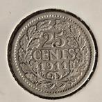 Kwartje zilver 25 cent 1911, Zilver, 25 cent, Ophalen of Verzenden, Koningin Wilhelmina
