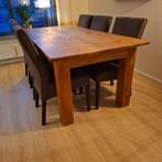 Te koop: Robuuste teakhouten eettafel met 6 beklede stoelen, Ophalen, Gebruikt, Teakhout, 200 cm of meer