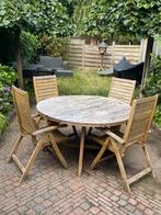 Teakhouten tuintafel rond met 4 stoelen, Tuin en Terras, Tuinsets en Loungesets, Ophalen, 4 zitplaatsen, Gebruikt, Eettafel