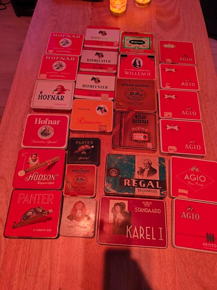 25 Vintage Sigarenblikjes oa. Agio, Ritmeester, Havanas, Verzamelen, Overige Verzamelen, Gebruikt, Ophalen of Verzenden
