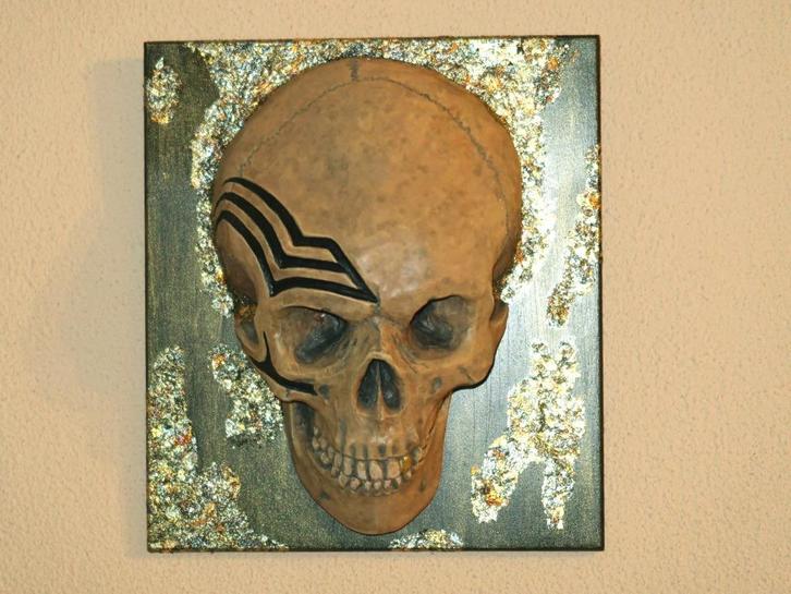 unieke Tattoo deco Schedel op Wandbord, Skull mens Wanddeco, Antiek en Kunst, Kunst | Designobjecten, Ophalen of Verzenden