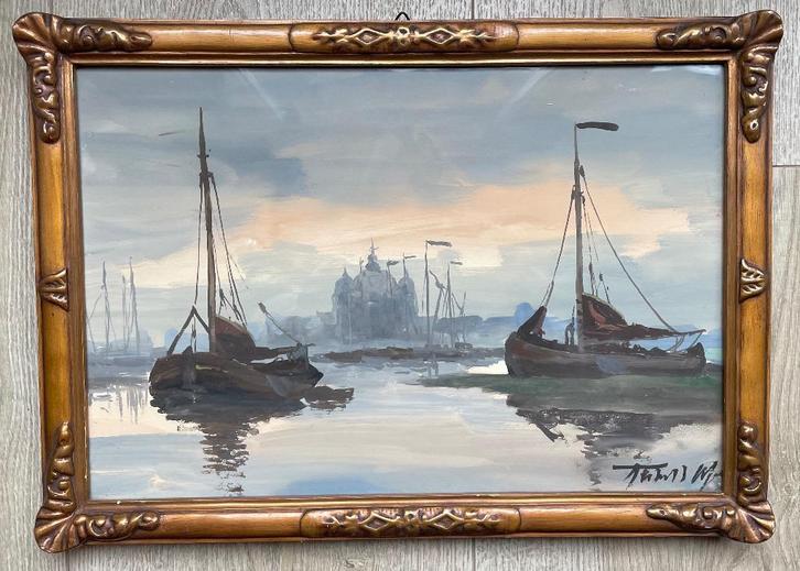 A.C. Terhell  Platbodems in de haven (gouache), Antiek en Kunst, Kunst | Schilderijen | Klassiek, Ophalen