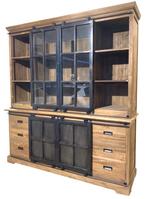 Teak vitrinekast met metalen deuren 200 cm, Teakhout, Ophalen of Verzenden, Zo goed als nieuw, 200 cm of meer