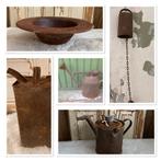Brocante roestige petroleumkan - schaal - koeienbel - gieter, Ophalen of Verzenden