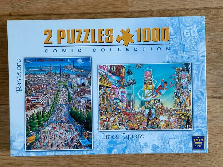 2 Puzzels 1000 stukjes - Barcelona & Times Square, Hobby en Vrije tijd, Denksport en Puzzels, Zo goed als nieuw, Legpuzzel, 500 t/m 1500 stukjes