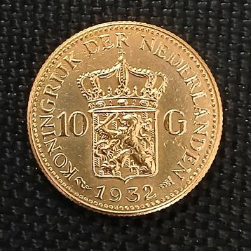 10 Gulden Wilhelmina tientje 1932 goud verguld naslag  beschikbaar voor biedingen