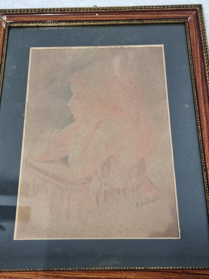 M. Verstraete - Meisje in kerkstoel, Antiek en Kunst, Kunst | Tekeningen en Foto's, Ophalen of Verzenden