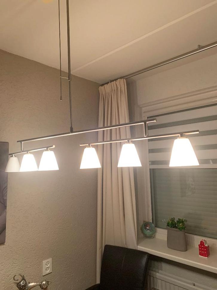 Hanglamp 6 lampen, Huis en Inrichting, Lampen | Hanglampen, Gebruikt, 75 cm of meer, Glas, Metaal, Ophalen