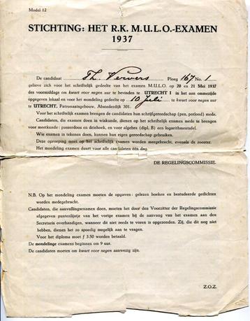 1937 Oproep voor deelname aan schriftelijk Examen RK MULO Ut