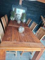 Teak eettafel met 6 stoelen - Skylt behandeld, Tuin en Terras, Ophalen, Gebruikt, 8 zitplaatsen, Tuinset