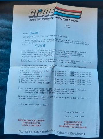 GI Joe originele Belgische Fanclub brief uit 1987 beschikbaar voor biedingen