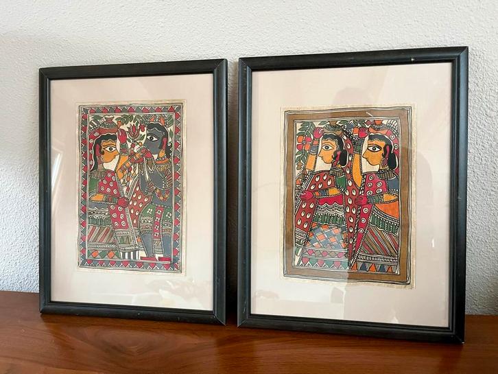 2 Madhubani schilderijen ingelijst, Antiek en Kunst, Kunst | Schilderijen | Klassiek, Ophalen of Verzenden
