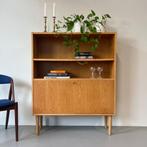 - Vintage boekenkastje, klepkast, Deens, eiken -, Huis en Inrichting, Gebruikt, 100 tot 150 cm, ., Ophalen of Verzenden