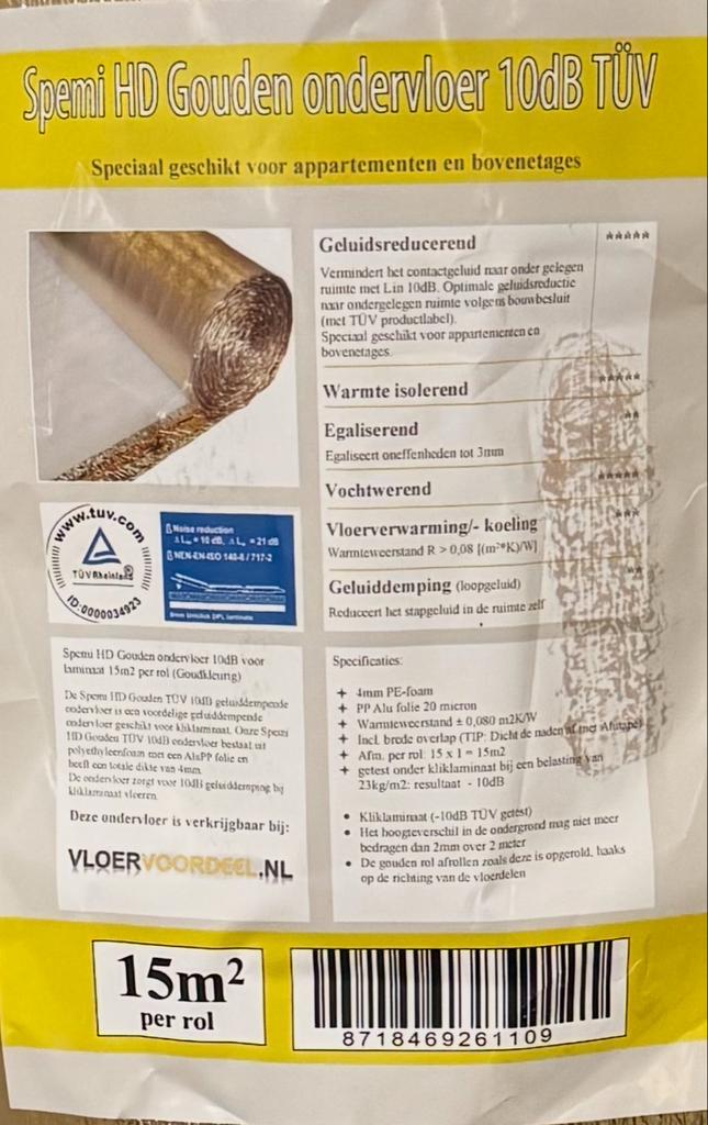 Spemi HD Gouden Ondervloer 10dB - 15m2, Doe-het-zelf en Verbouw, Isolatie en Afdichting, Nieuw, Vloerisolatie, Overige materialen