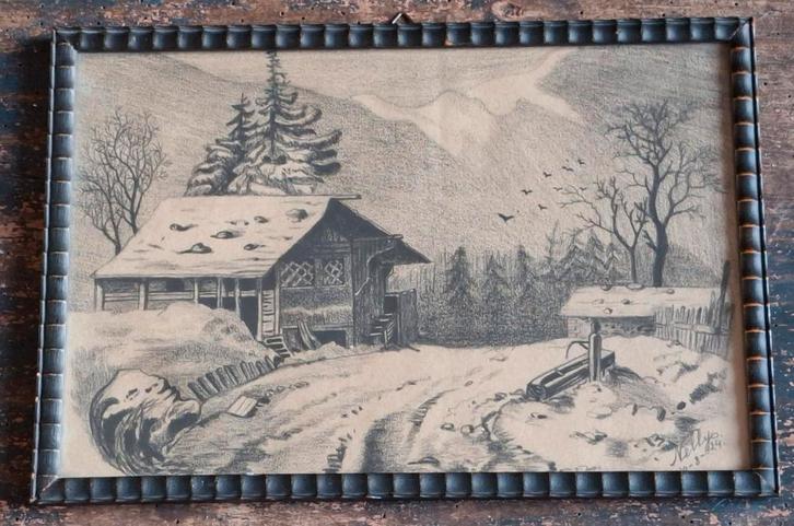 Winters landschap. Nelly.  Potlood tekening. 1924. 28/19 cm., Antiek en Kunst, Kunst | Tekeningen en Foto's, Ophalen