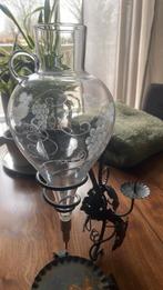 Brocante wijnkaraf, kaarsenstandaard bewerkt glas, Ophalen of Verzenden