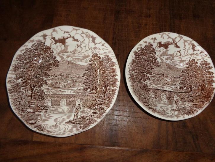 Bridge Scenes Crown Ducal 5 ontbijtbordjes + 1 kom bruin, Antiek en Kunst, Antiek | Servies los, Ophalen of Verzenden