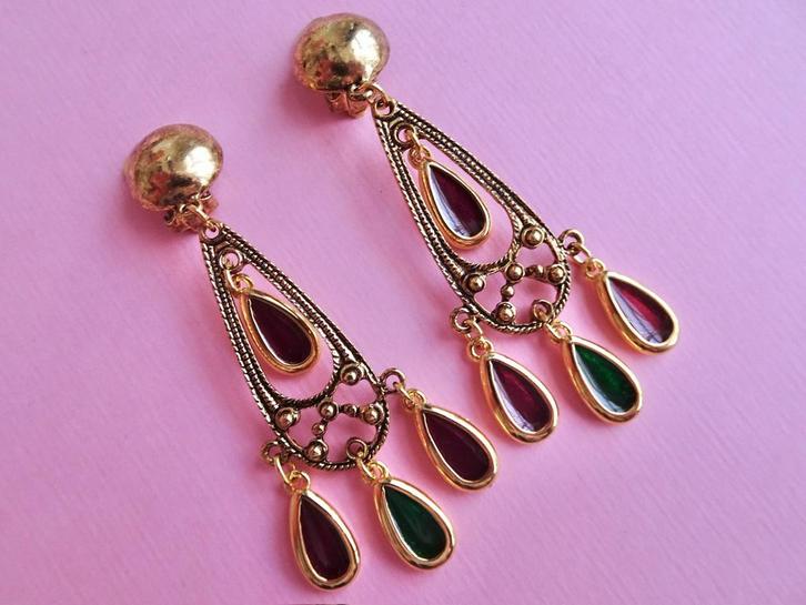 jwg Lange vintage 60s 70s bohemian oorbellen emaille goud kl, Sieraden, Tassen en Uiterlijk, Antieke sieraden, Oorbellen, Overige materialen
