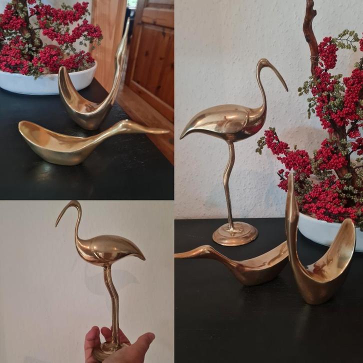 Vintage 3 massief messing vogels kraanvogel zwanen Art Deco, Huis en Inrichting, Woonaccessoires | Overige, Zo goed als nieuw