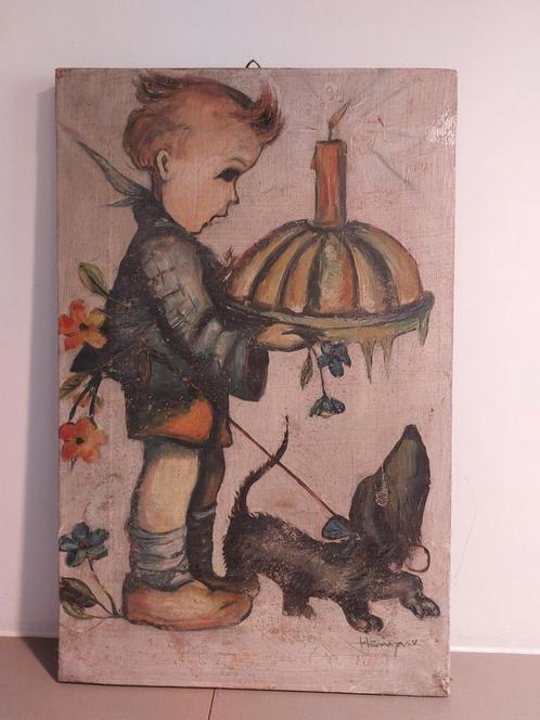 Charmante Jongen met Hond en Kaars, Hummel, Antiek en Kunst, Kunst | Schilderijen | Klassiek, Ophalen of Verzenden