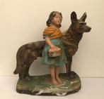 Antieke gipsen beeld - Meisje met Herdershond 40 cm, Verzenden
