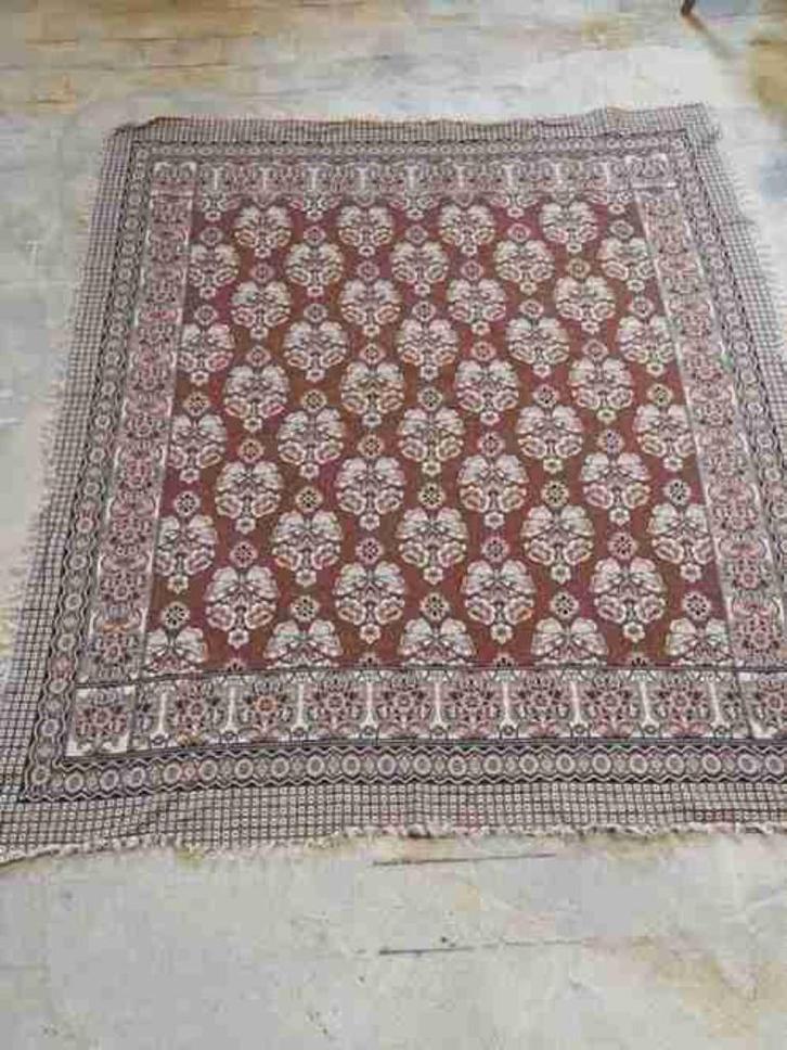 Vintage Grandfoulard bruintinten zalm vlinders 205/183, Huis en Inrichting, Stoffering | Tapijten en Kleden, Gebruikt, 150 tot 200 cm