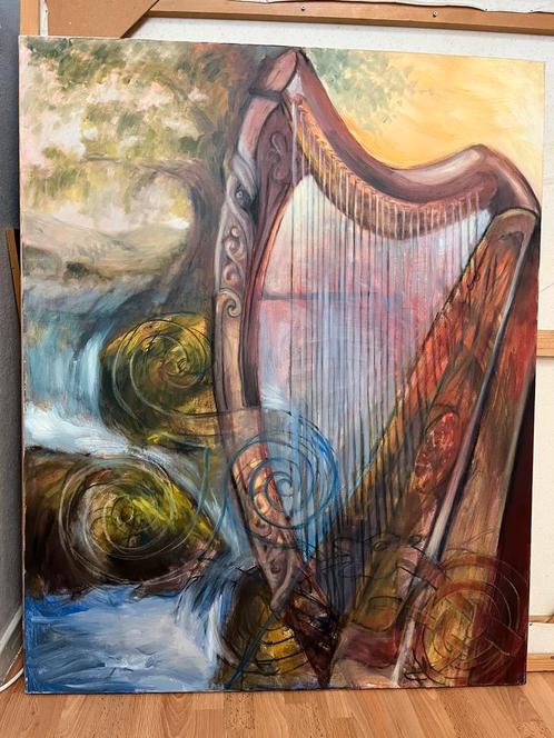 Keltische Harp met Waterval Olieverf schilderij 100x80cm, Antiek en Kunst, Kunst | Schilderijen | Modern, Ophalen
