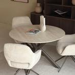 Tafel Japandi rond 120cm travertine Spinpoot Anodic brown, Huis en Inrichting, Tafels | Eettafels, Ophalen, Rond, Nieuw, Vier personen