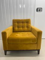 Leuke gele velours homestock fauteuil, hout onderstel, Ophalen, 75 tot 100 cm, Zo goed als nieuw, Stof