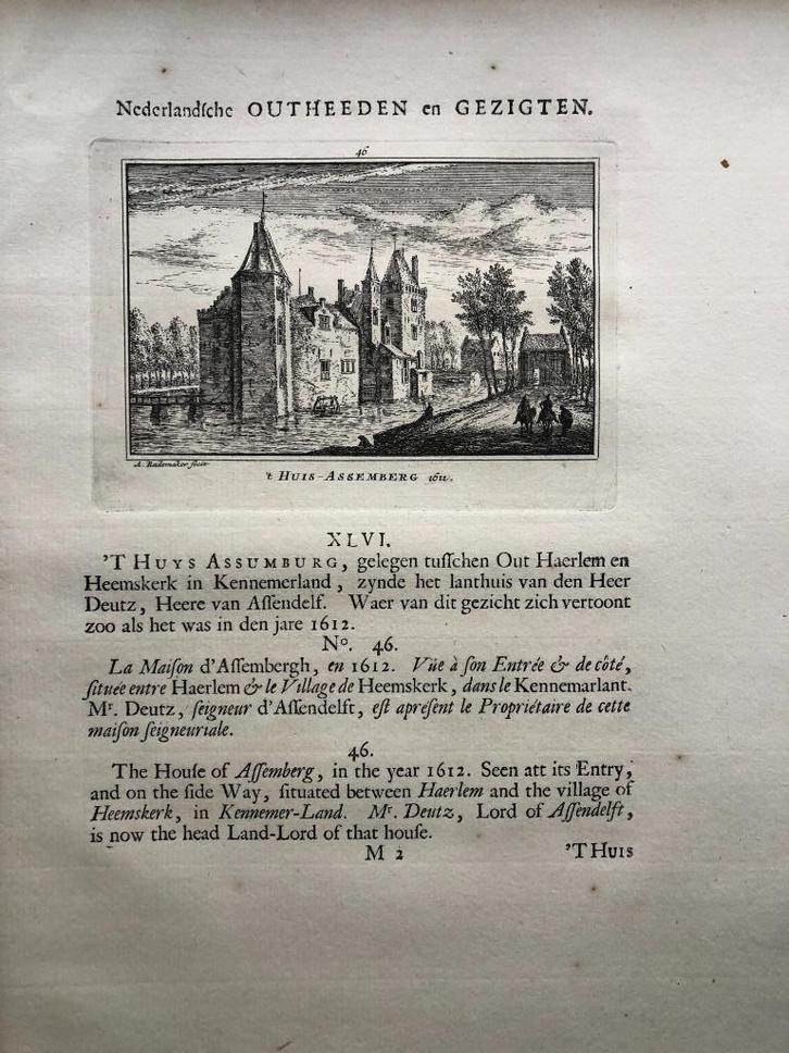 046 / Heemskerk Huis Assumberg of Assumburg 1725, Antiek en Kunst, Kunst | Etsen en Gravures, Ophalen of Verzenden