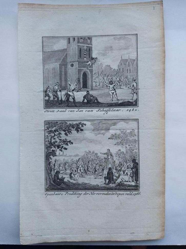 1 / Stoute daad Jan van Schaffelaar en prediking Hervormden, Antiek en Kunst, Kunst | Etsen en Gravures, Ophalen of Verzenden