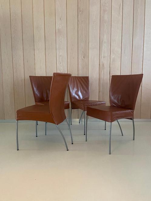 4x Montis Spica eetkamerstoelen, Huis en Inrichting, Stoelen, Gebruikt, Vier, Leer, Metaal, Bruin, Ophalen